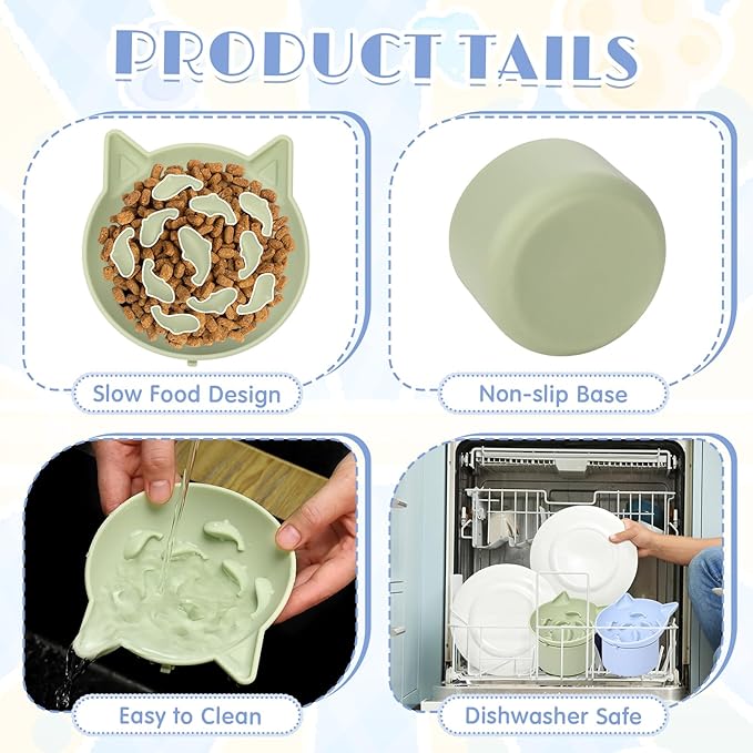 Funnymoom 2 Pack Silicone Cat Slow Feeder, Elevated Slow Feeder Cat Bowl for Dry and Wet Food, Tilted Design with Non Slip Base, Adjustable Angle for Pet(Green and Blue)