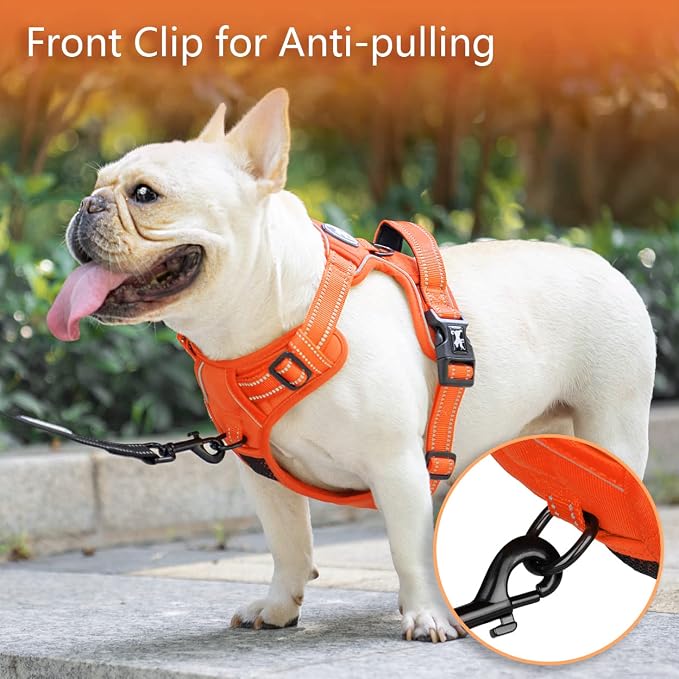 PoyPet No Pull Dog Harness, No Choke Reflective Dog Vest, Adjustable Pet Harnesses with Easy Control Padded Handle for Small Medium Large Dogs(Orange Matching Trim,L)