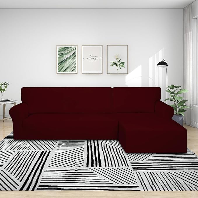 PureFit Super Stretch Sectional Couch Covers - 2 pcs Spandex Non Slip Sofa Covers with Elastic Bottom for L Shape Sectional Sofa Couch, Great for Kids & Pets (3 Seat Sofa + 2 Seat Chaise, Wine)