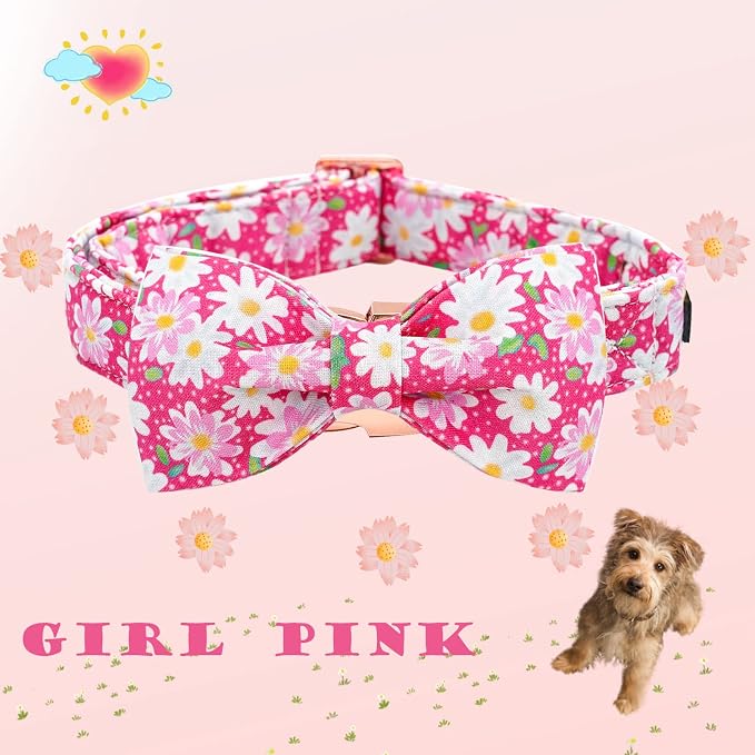 Elegant little tail Dog Collar, Floral Pattern Pet Collars with Bow Girl Cotton Bowtie Collars Spring Puppy Gift Adjustable Pet Collar for Small Dogs