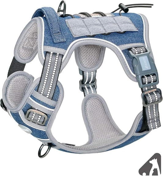 AUROTH Tactical Dog Harness for Small Medium Dogs No Pull Adjustable Pet Harness Reflective Working Training Easy Control Pet Vest Military Service Dog Harnesses Denim Blue S