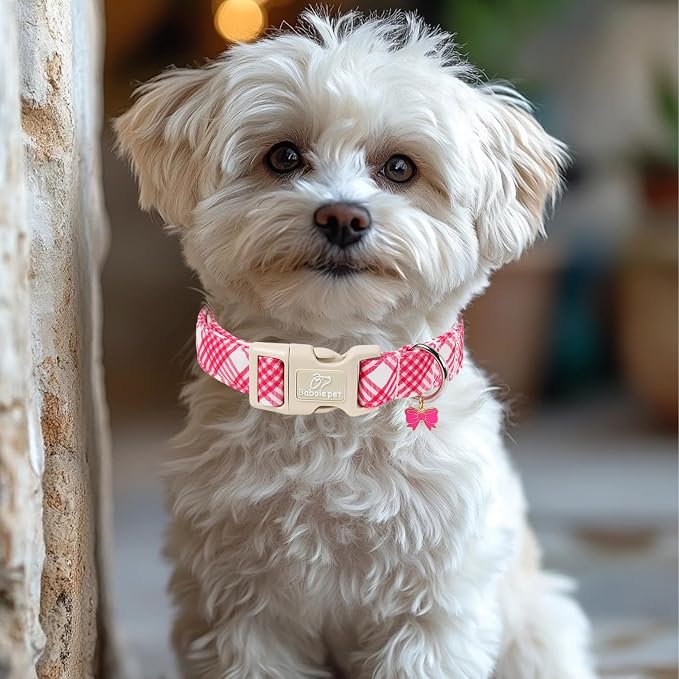 Girl Dog Collar, Bright Pink Glen Check Dog Collars for Medium Dogs - Cute Spring Summer Plaid Pup Collar, Soft Adjustable Female Dog Collars with Quick Release Buckle M