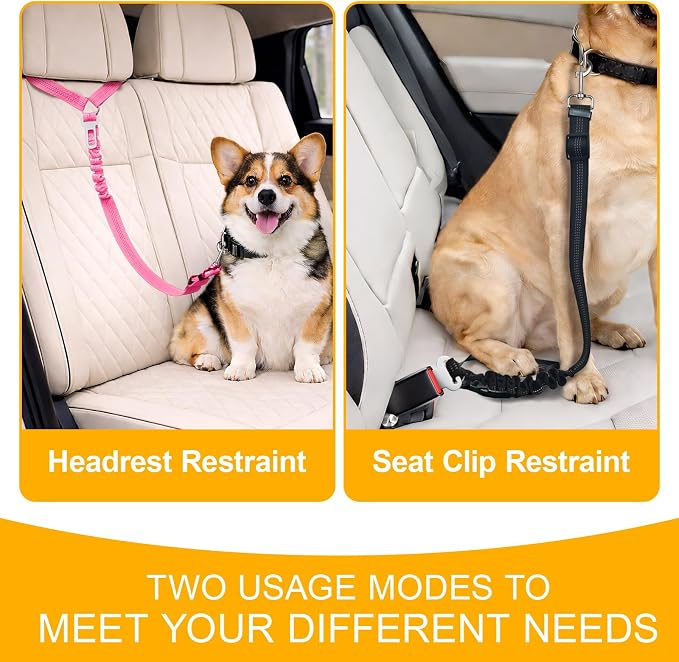 2-Pack Dog Car Seat Belt, 3-in-1 Headrest-Mounted Dog Seatbelt for Car, Adjustable Nylon Pet Safety Leash with Elastic Buffer & Reflective Stitching, Durable Car Harness for Dogs Fits Most Vehicles