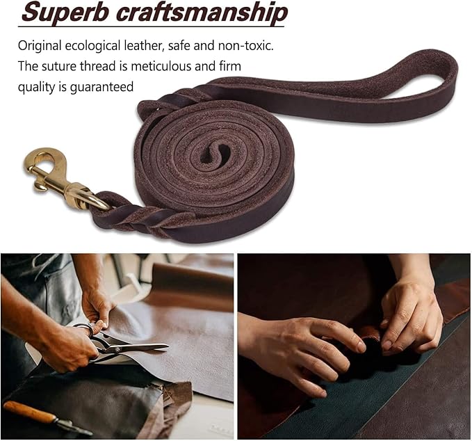 LWBMG Leather Dog Leash 8ftx1/2 inch, Heavy Duty Dog Leash, Strong and Sturdy Handmade Braided Pet Leashes, Soft and Comfortable Leather Leashes for Small Medium Large Dogs Training and Walking Brown