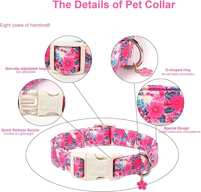 Summer Floral Dog Collar Girl Dog Collars for Small Dogs - Lightweight Adjustable Hot Pink Boho Female Dogs Everyday Collar with Safety Buckle S