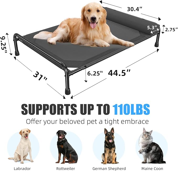Simple Trending Elevated Dog Bed for Large Dogs, Cooling Raised Pet Cot with Bolster, Breathable Outdoor Couch Bed, 44.5" x 31", Black