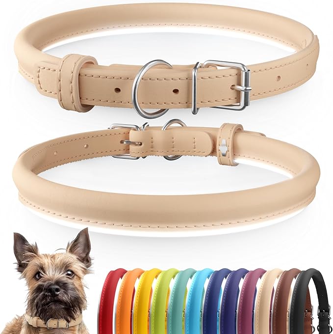 CollarDirect Rolled Leather Dog Collar, Soft Padded Round Puppy Collar, Handmade Genuine Leather Collar Dog Small Large Cat Collars 13 Colors (8-11 Inch, Beige Smooth)