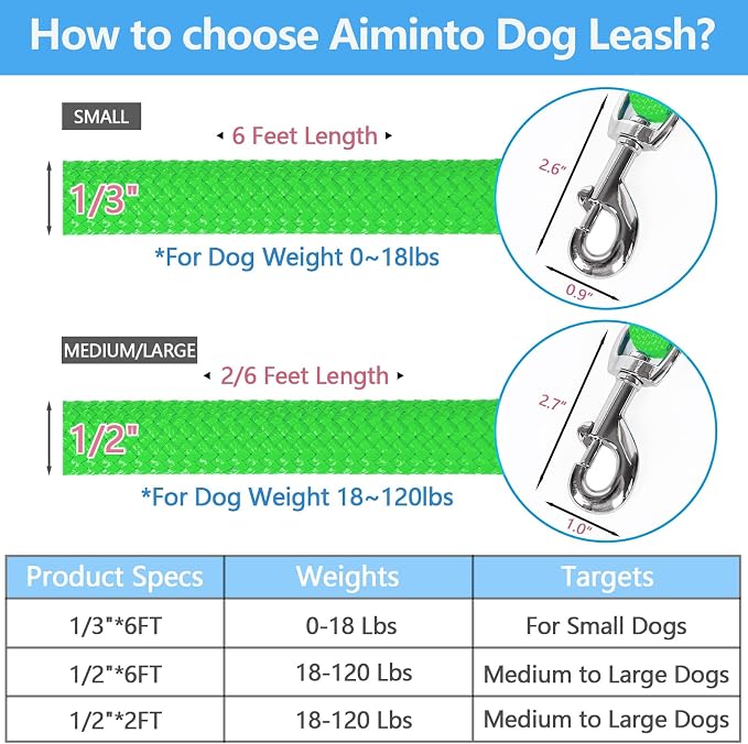 Dog Leash, Braided Rope Traction – Walking Training Lead for Medium/Large Dogs ((1/2") x 2FT, Light Green)