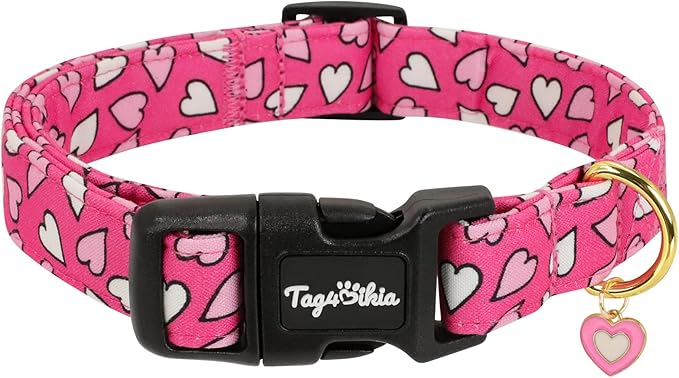 Valentines Dog Collar with Pink White Heart Pattern, Adjustable Puppy Collar with Safety Buckle & Heart Charm, Spring Summer for Girl Boy Dogs-XS