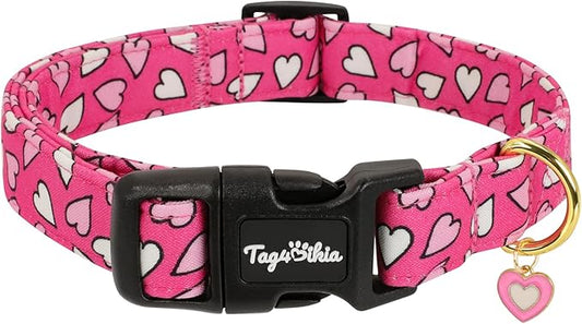 Dog Collars for Medium Dogs, Dog Collar with Pink White Heart Pattern, Adjustable Medium Dog Collar with Safety Buckle & Heart Charm, Spring Summer for Girl Boy Dogs-M