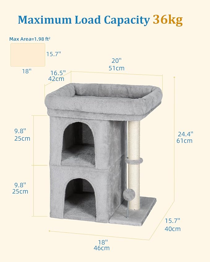 Aechonow Cat Tree for Large Cat, 19x16.5In Large Cat Perch, Adult Cat Tower for Indoor Cats with 24In Long Scratching Post, 2 Cozy Cat Condo House for Adult & Fat Cats, Light Gray
