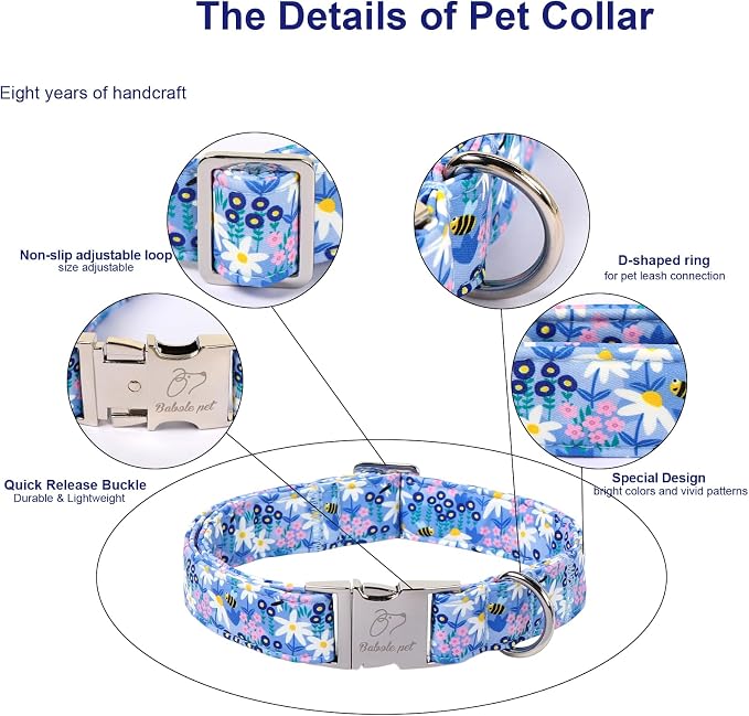 Floral Dog Collar, Cute Blue Wildflowers Dog Collars - Soft Adjustable Spring Summer Everyday Collars for Small Medium Large Dogs, Cottagecore Bloom Dogs Collar M