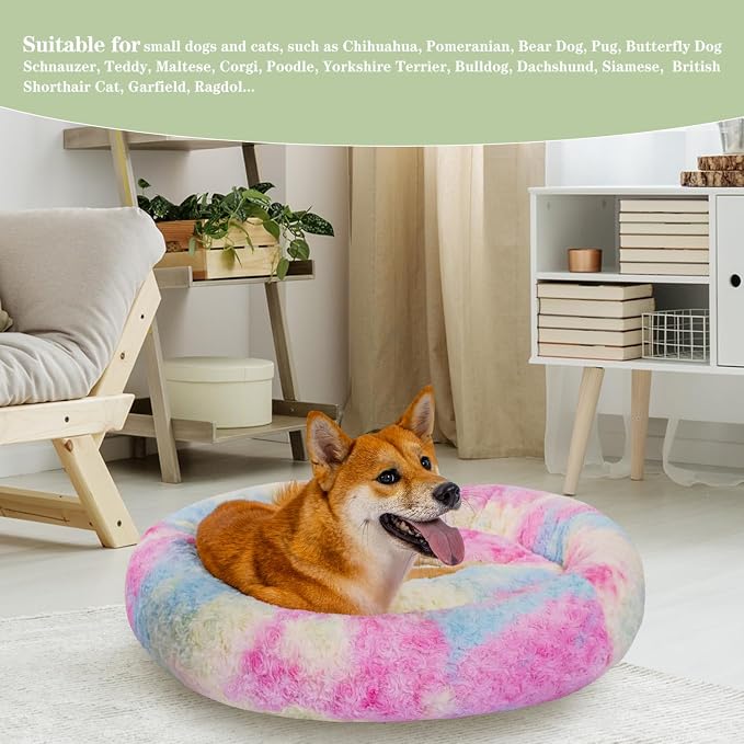 Calming Dog Bed for Medium Dogs Cats, Puppy 31'' Round Anti-Anxiety Warm Fluffy Plush Faux Fur Bed, Soft Anti-Slip Donut Washable, Cozy Medium Puppy Bed, Fits up to 50 lbs Pets