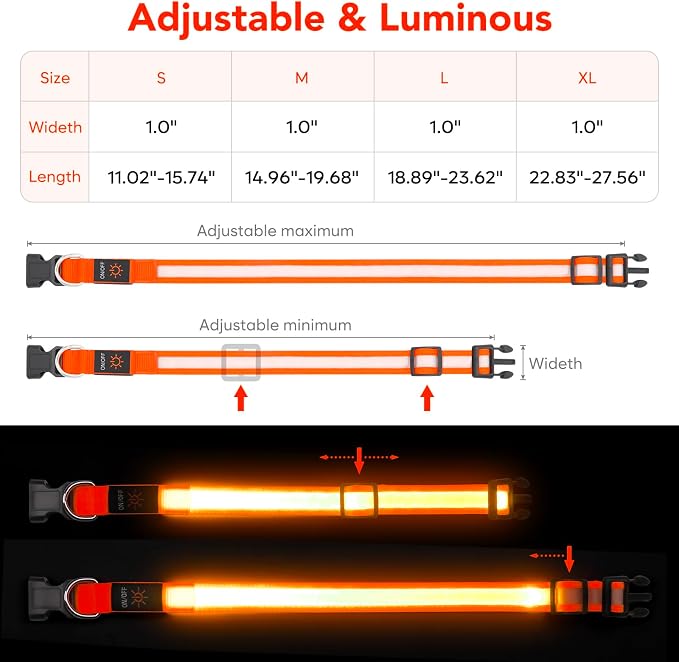 Vizpet LED Dog Collar, Light Up Dog Collar Adjustable USB Rechargeable Super Bright Safety Light Glowing Collars for Dogs(Medium,Orange)
