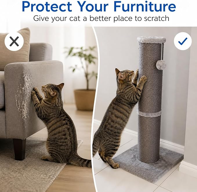 Sisal Cat Scratching Post for Indoor Cats & Kittens, 5.5" Diameter Heavy Duty Vertical Scratcher, 32 Inch Extra Tall Furniture Protector with Stable Base, Grey