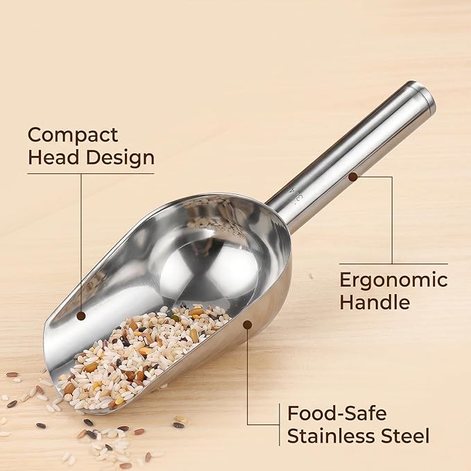 Stainless Steel Mini Ice Scoop, 6 oz, for Ice Buckets, Coffee Beans, Grains and Dry Goods, Compact Metal Scooper for Kitchen, Bar and Food Service