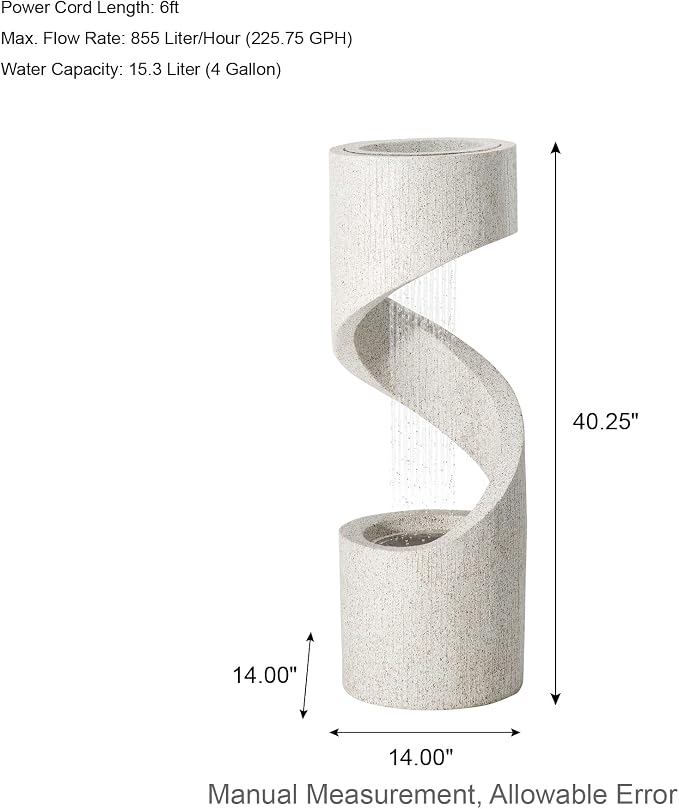 Glitzhome Outdoor Water Fountain with LED Light, Modren Curved Waterfall Fountain with Stone Planter, Faux Terrazzo Spiral Shaped Outdoor Fountains Water Feature for Garden Patio Deck Porch, 40.25”H