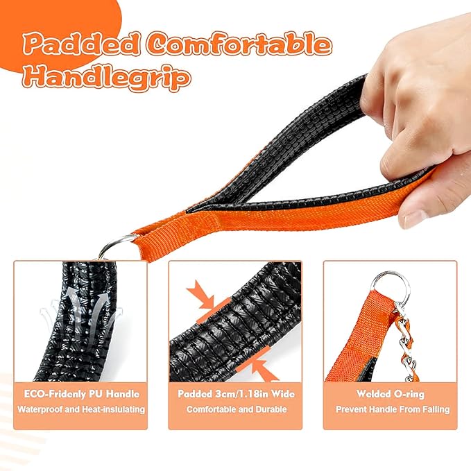 Heavy Duty Metal Dog Chain Leash with Comfortable PU Leather Padded Handle, Chew Proof for Medium Large Pooch Walking Training (6FT 3.0mm Orange)