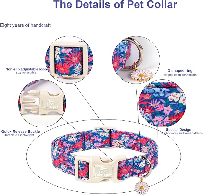 Floral Dog Collar Spring/Summer Dog Collars for Puppy Small Dogs - Lightweight Adjustable Vintage Wildflower Boy Girl Dogs Everyday Collar with Safety Buckle XS