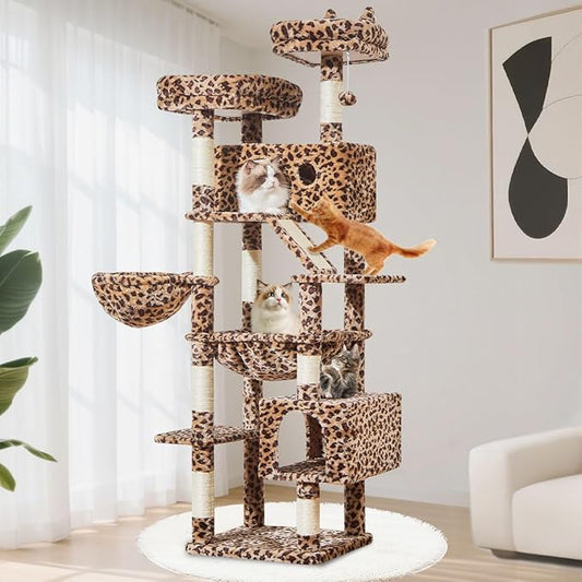 Taoqimiao Cat Tree 71-Inch, Cat Tower for Indoor Cats Large Adult, Multi-Level Large Cat Condo, 8 Sisal Scratching Posts, Metal Frame Cozy Hammock, Scratch Board, 2 Top Perches, Leopard Print MS026LBW