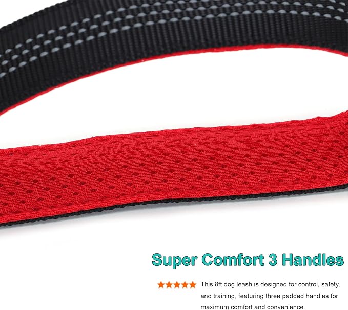 BTINESFUL 8ft Dog Leash with 3 Handles, Triple Handle, Reflective, Shork Absorbing Bungee, Control & Safety Training for Large Medium Dogs (Black)
