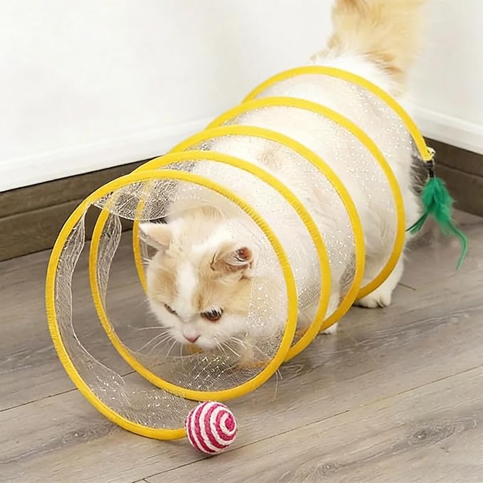 Andiker Spiral Tunnel for Cats, 21.45” Collapsible Cat Tunnel with Feather Toy and Plush Mouse Interactive Cat Toys for Indoor Cats to Relieve Boredom for Kitten (Ball)