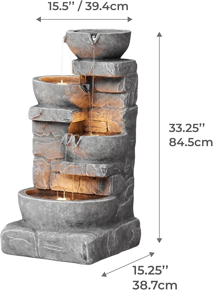 Teamson Home 33" Outdoor Water Fountain with LED Lights, 3-Tier Cascading Bowls, Weather-Resistant Resin Garden Water Feature for Patio, Lawn, and Backyard Decor – Stone Gray