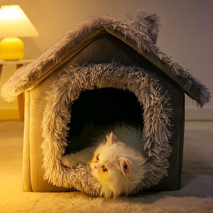 Enclosed Dog Bed, Soft and Warm Plush Dog Bed with Cover Cave Removable and Washable House Type Tent Huts for Indoor Pets S 13x11.8x12.6