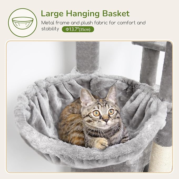 Globlazer 74in Cat Tree for Indoor Cats Large Adult, Heavy Duty Cat Tower with 5 Sisal Scratching Posts, 2 Caves, Oversized Top Perch, Hanging Basket, F74B, Light Grey