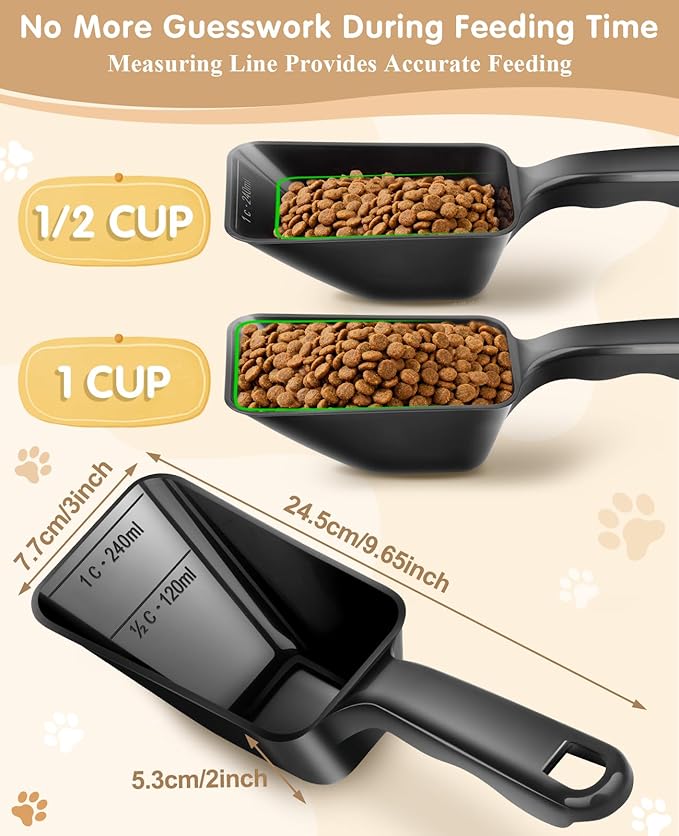 2-Pack Dog Food Scoop 1 Cup, Plastic Pet Food Measuring Scoop With Measuring Lines (1/2 & 1 Cup Markings) for Dogs, Cats, Fish, Bird（Black and Grey)
