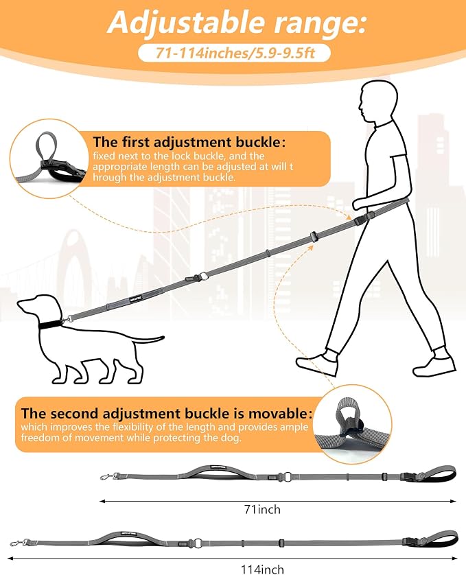 Hands Free Dog Leash & Car Seatbelt, 5.9-9.5ft Crossbody Dog Belt with Dual Soft Handles, Shock-Absorbing, 360° Clip, Reflective Design for Walking, Running, Hiking, Travel. (Grey)