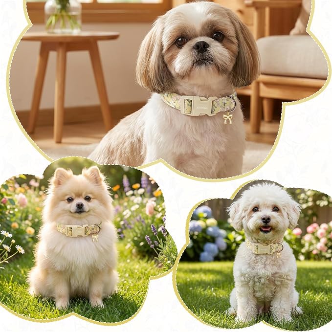 Spring Summer Dog Collar with Pink White Flowers,Adjustable Cotton Puppy Collars for Small Medium Large Dogs, Cute Girl or Boy Dog Collar Ideal for Gifts,Pet Accessory,L