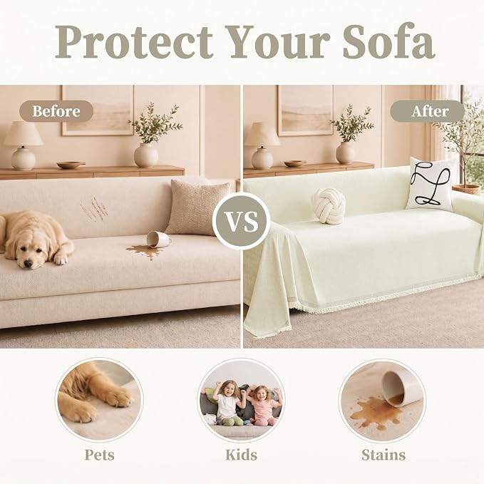 hyha Couch Cover for Dogs, Boho Sofa Covers for 3 Cushion Couch Washable, Chenille Sofa Slipcover for Pets, Soft Loveseat Sectional Couch Throw Blankets with Tassels (Beige, 71x134 Inch)