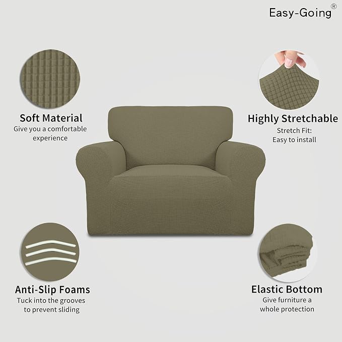 Easy-Going Stretch Oversized Chair Sofa Slipcover 1-Piece Couch Sofa Cover Furniture Protector Soft with Elastic Bottom for Kids Spandex Jacquard Fabric Small Checks Khaki