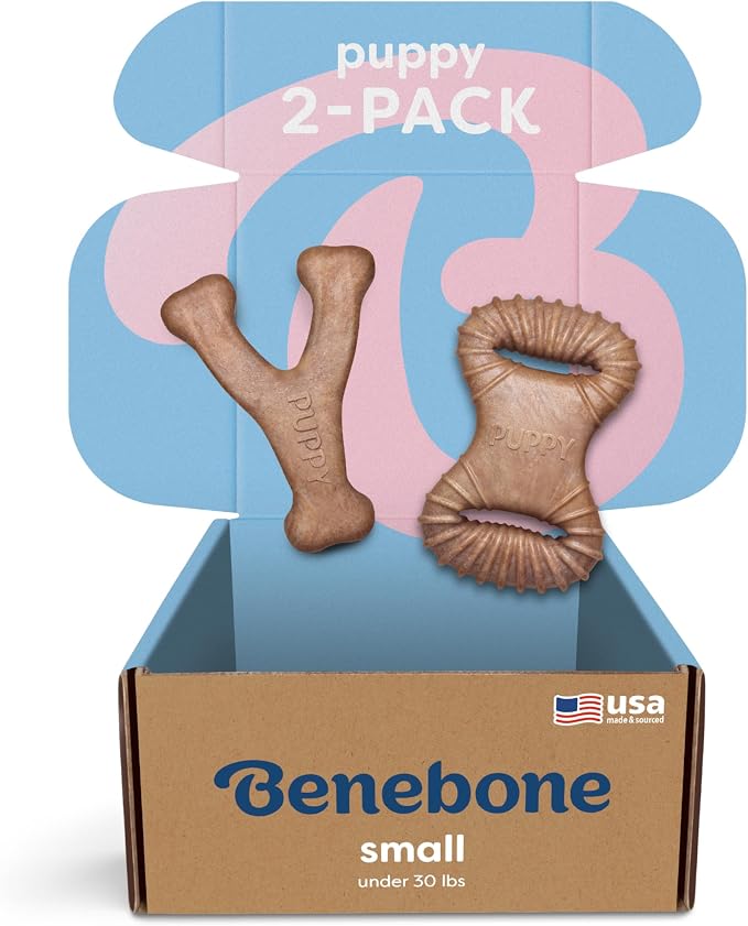 Benebone Puppy 2-Pack Dental Chew/Wishbone Durable Dog Chew Toys for Gentle Chewers, Real Bacon, Made in USA, Small