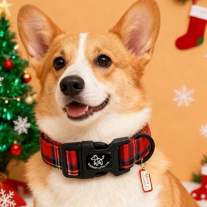Elegant little tail Christmas Dog Collar, Red Plaid Pet Collar Cotton Soft Plastic Buckle Sturdy Puppy Collars Holiday Female or Male Adjustable Collar for X-Small Puppy