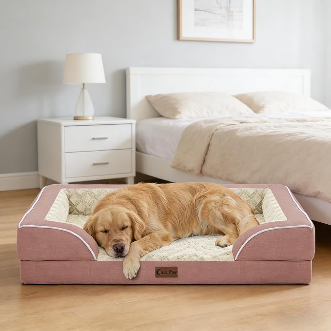 Orthopedic Dog Beds for Extra Large Sized Dogs 53x42 Inch, XXL Waterproof Egg Crate Foam Dog Sofa Bed with Removable Washable Cover Big Pet Couch with Bolster & Non-Slip Bottom, Pink