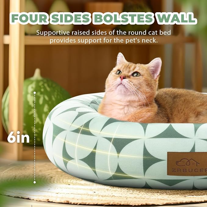 Zerbuger Cat Bed, 20In Dog Beds for Small Dogs, Calming Cat & Dog Beds for Indoor Pets, Pet Beds Comfortable Donut Round Ultra Soft (Green Pattern, 20.0" L x 20.0" W x 6.5" Th)