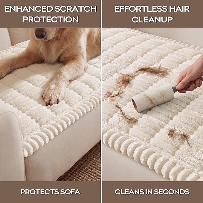 decorUhome Non-Slip Fuzzy Couch Cover for Dogs, Soft Thick Washable Pet-Friendly Protector, Sofa Slipcover for 3 Cushion Couch Sofa, White, 27.6" x 88"