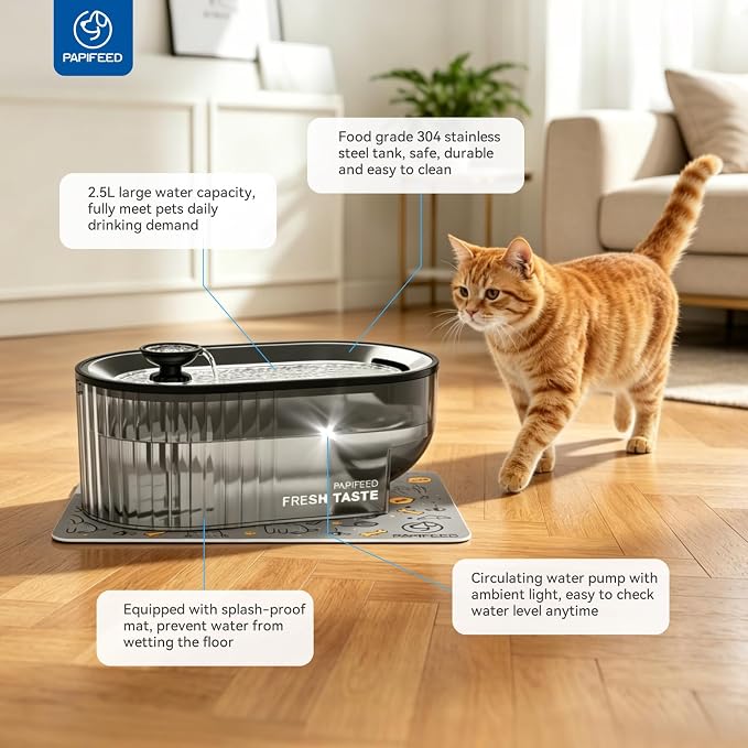 PAPIFEED Automatic Cat Feeder and Water Fountain Stainless Steel, WiFi Timed Auto Cat Feeder with Camera & App, Cat Food & Water Dispenser, Quiet Pet Drinking Fountain with LED, Smart Dog Feeder Set ﻿