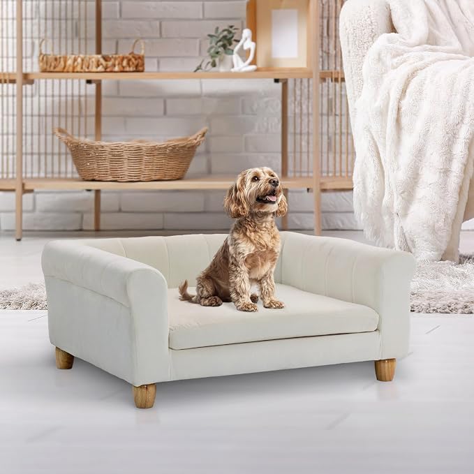CRITTER SITTERS 33” Faux Suede Ped Bed in Cream, Durable Washable Sofa Couch for Small & Medium Cats & Dogs, Must Have Accessory for Yorkies, Shih Tzus & Frenchies, Kitten & Puppy Essential Furniture