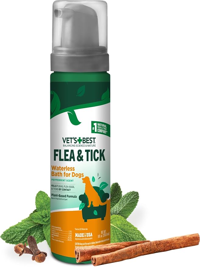 Vet's Best Natural Flea and Tick Waterless Bath for Dogs – No-Rinse Dry Foam Shampoo with Certified Essential Oils – Natural Flea Treatment with Plant-Based Ingredients – 8 oz Bottle – Made in USA