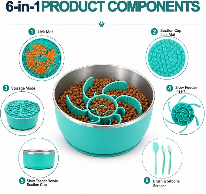 Slow Feeder Dog Bowls with Non-Slip Base for Large Dogs - Food Grade Stainless Steel Slow Feed Dog Bowl - Anti Gulp Metal Feeding Bowl Set with Lick Mat - Dishwasher Safe