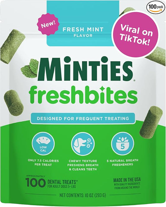Minties FreshBites Soft and Chewy Dental Treats, Low Calorie Natural Mint Flavored Dental Chews for Dogs, 100 Count, Dog Chews Clean Teeth, Fight Bad Breath, Removes Plaque and Tartar