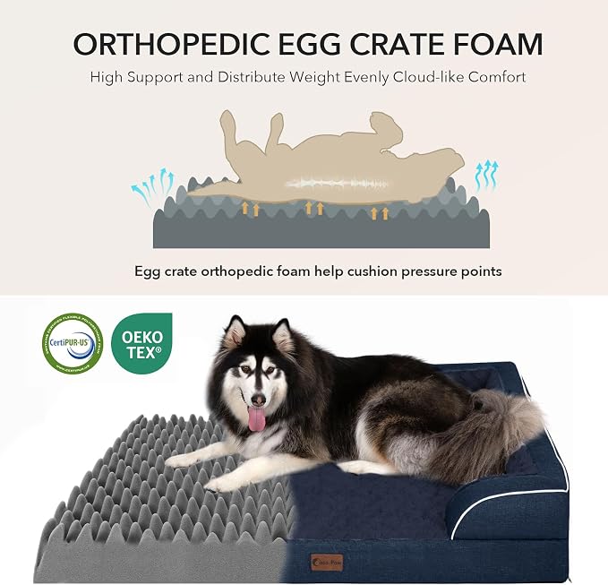 Orthopedic Dog Beds for Large Sized Dogs 35x22 Inch, Medium Waterproof Egg Crate Foam Dog Sofa Bed with Removable Washable Cover Pet Couch with Bolster Side & Non-Slip Bottom, Navy Blue