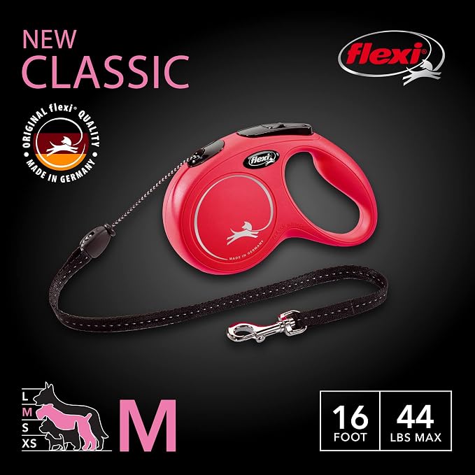 FLEXI® New Classic Retractable Dog Leash (Cord), Ergonomic, Durable and Tangle Free Pet Walking Leash for Dogs, 16 ft, Medium, Red