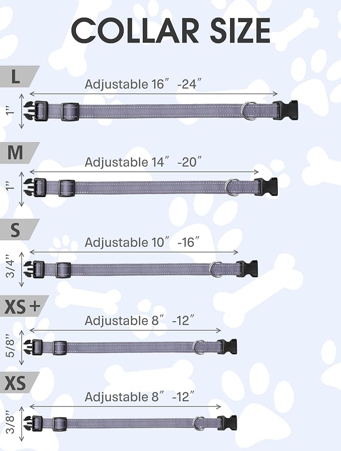 FunTags Length 10" - 16" Reflective Gray Dog Collar for Small Dogs – Night Walking & Training Safety, Durable Quick Release Buckle, Nylon, Comfortable Adjustable, Width 3/4"