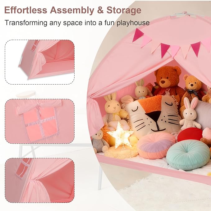 Full Bed Tent Canopy, Indoor Blackout Privacy Toddler Bed Tent for Kids with Light, Portable Sleeping Floor Kids Playhouse (Pink, Full Size)