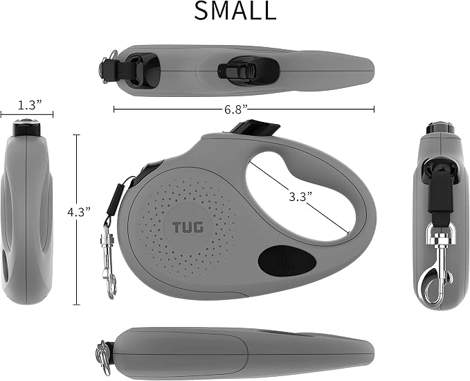 TUG Oval 360° Tangle-Free Retractable Dog Leash with Integrated Waste Bag Dispenser (Small, Grey)