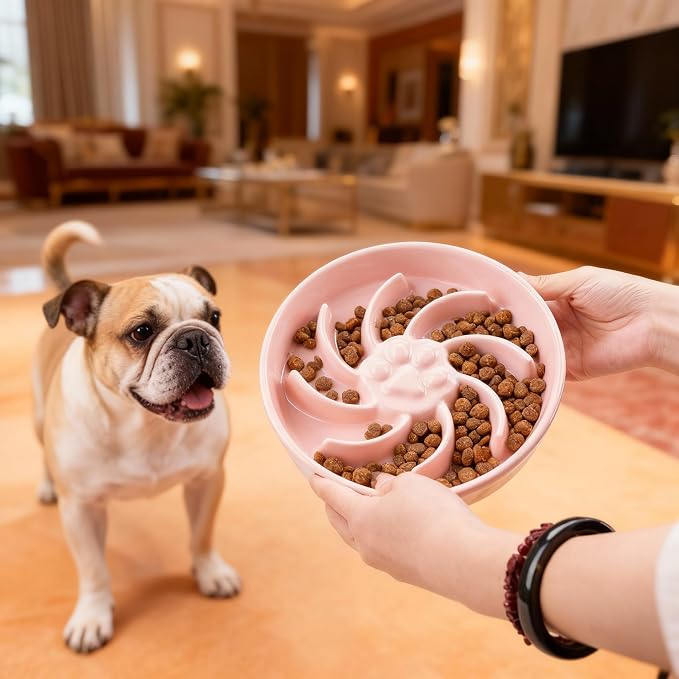 Ceramic Slow Feeder Dog Bowl, 3 Cup Dog Food or 25oz Water, Slow Eating Bowl for Middle Breed, Maze Puzzle Feeder for Fast Eaters, Anti-Choking Stop Bloat, Non-Slip BPA Free (Pink)